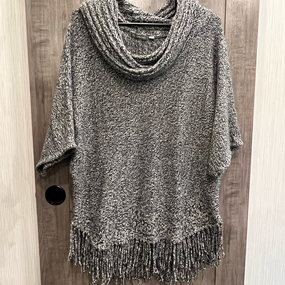Black & white fringe cowl neck sweater, tunic top, boho, soft and comfy.